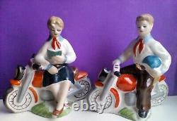 Lot USSR Boy and Girl Pioneers Motorcyclist Russian porcelain figurine 3752u