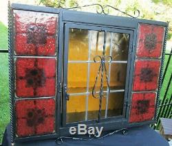 MCM Wrought Iron Stained Glass Spanish Brick Red Tile Hanging Wall Cabinet Shelf