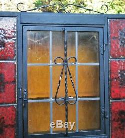 MCM Wrought Iron Stained Glass Spanish Brick Red Tile Hanging Wall Cabinet Shelf