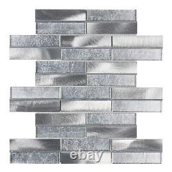 Metallic Glass Brushed Aluminum Silver Inlay Brick Joint Kitchen Tile Backsplash