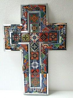 Mexican Art Talavera Tile and Mirror Glass Religious Wall Cross X Large 20