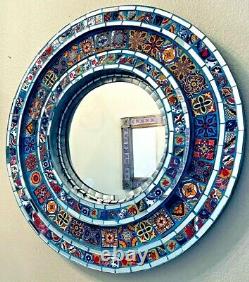 Mexican Talavera & Glass Pottery Tile Wall Mirror Tin Puebla 26 Folk Art