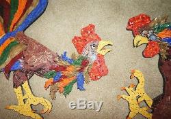 Mid Century Wall Art Glass Mosaic Tile Roosters Cocks Fighting Set Colorful