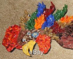 Mid Century Wall Art Glass Mosaic Tile Roosters Cocks Fighting Set Colorful
