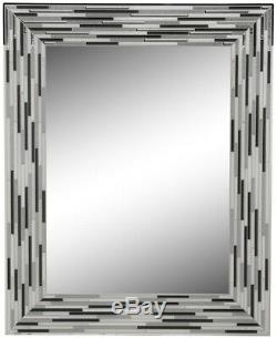 Modern Wall Mirror Frameless Mosaic Tile Border 24 x 30 in. Bathroom Decor Gray