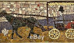 Mosaic Glass Tile Mural Handmade Wall Art Horse & Carriage Folk Art FRAMED