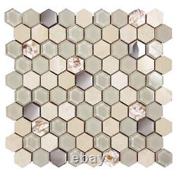 Mosaic Hexagon Tile Glass Stone Metal Kitchen Bathroom Wall Backsplash Beige