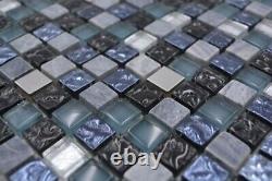 Mosaic Tiles Glass Natural Stone Steel Mix Blue Grey Kitchen Wall Bath