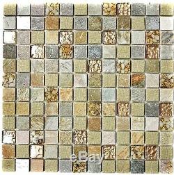Mosaic tile Square natural stone mix golden/beige with glass 83-CR27 10 sheet