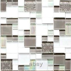 Mosaic tile natural stone white matt surface/grey with glass 88-MC65910 sheet