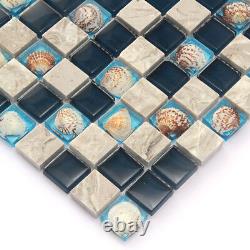 Navy Blue Glass Shell Tile Grey Marble Stone Kitchen Backsplash Mosaic (11PCS)