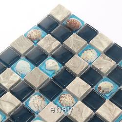 Navy Blue Glass Shell Tile Grey Marble Stone Kitchen Backsplash Mosaic (11PCS)