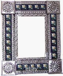 Punched Silver Tin Hand Made Mexican Lily Tile Talavera Wall Mirror