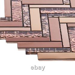 Rose Gold Copper Color Metallic Metal Glass Herringbone Mosaic Tile Backsplash