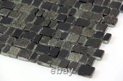 Rustic Glass Tile Ice Age Mosaic Bricks Fireplace Kitchen Backsplash Black