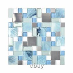 Sea Blue Green Glass Stainless Steel Tile White Kitchen Bath Backsplash Artis