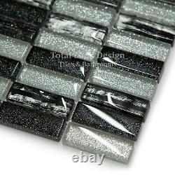 Silver & Black Glass Glitter Mosaic Tile Sheet For Walls Floors Bathroom Kitchen