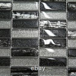 Silver & Black Glass Glitter Mosaic Tile Sheet For Walls Floors Bathroom Kitchen