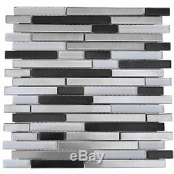 Silver Black Stainless Steel Metal Glass Mosaic Liner Tile For Backsplash Wall