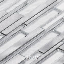 Silver Foiled Crystal Glass Aluminum Metallic Linear Mosaic Tile Wall Backsplash