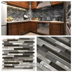 Silver Gray Aluminum Metal & Metallic Glass Mosaic Liner Backsplash Wall Tile