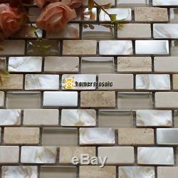 Strip beige stone mixed glass sea shell mosaic tiles bathroom shower wall mosaic