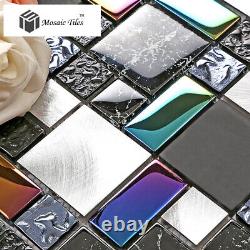 Stunning Tile Black Glass and Silver Metal Gorgeous Iridescent, Pack of 10 Tiles