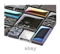 Stunning Tile Black Glass and Silver Metal Gorgeous Iridescent, Pack of 10 Tiles