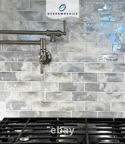 Subway Glass Tile Ocean Mist Iridescent 2x6 Bathroom Wall Backsplash White