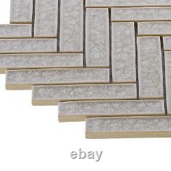 Tan Sand Crackle Glass Herringbone Mosaic Tile Kitchen Bathroom Wall Backsplash