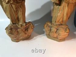 Vintage 2 Gold Plaster Adoring Angels Statue Figurines 16 Tall See Pics