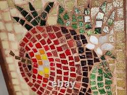 Vtg Stained Slag Glass Tile Mosaic Wall Art Fruit Flowers Wood Frame Signed Pair