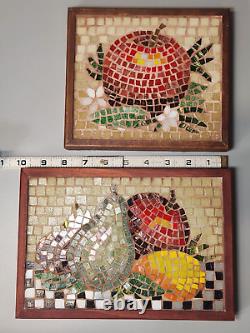 Vtg Stained Slag Glass Tile Mosaic Wall Art Fruit Flowers Wood Frame Signed Pair
