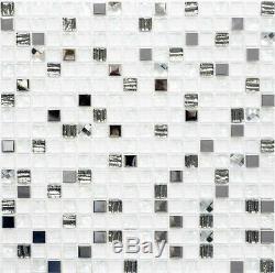WHITE/SILVER MIX Translucent Mosaic tile clear GLASS/STEEL Wall 92-0107 10sheet