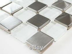WHITE/SILVER Mosaic tile SQUARE GLASS/STEEL WALL Backsplash 49-0104 8mm10 sheet