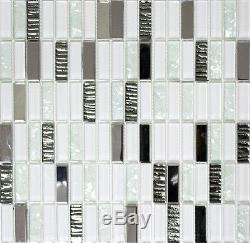 WHITE/SILVER Translucent Mosaic tile STICK GLASS/STEEL Wall Bath 87-010210sheet