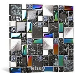 Wall Backsplash Tile Glass Silver Metal Iridescent Vibrant 5 sheets Black