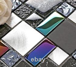 Wall Backsplash Tile Glass Silver Metal Iridescent Vibrant 5 sheets Black
