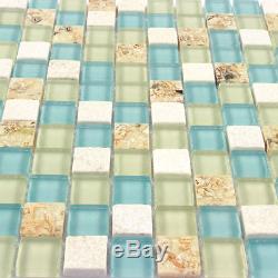 Wall Tiles White Stone Mosaic Tiles Glass Blue Conch Sea Shell Borders (11PCS)