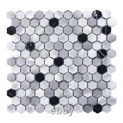 White Calacatta Black Marble Gray Glass Metal 1 Hexagon Mosaic Tile Backsplash