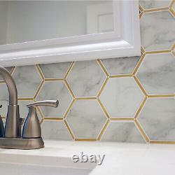 White Calacatta Crystal Glass Gold Hexagon Mosaic Tile Backsplash Kitchen Bath