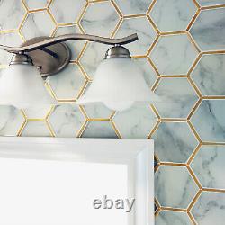White Calacatta Crystal Glass Gold Hexagon Mosaic Tile Backsplash Kitchen Bath
