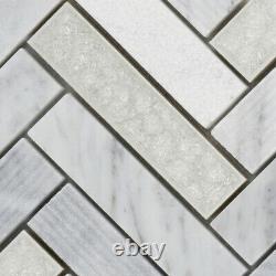 White Carara Stone Mosaic Tile Crackle Glass Herringbone Kitchen Wall Backsplash