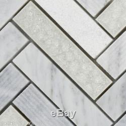 White Carara Stone Mosaic Tile Crackle Glass Herringbone Kitchen Wall Backsplash
