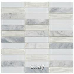 White Carrara Marble Mosaic Tile Wave Cold Spray Glass Stacked Wall Backsplash
