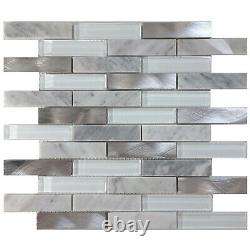 White Carrara Marble Stone Blend Metallic Aluminum Glass Mosaic Tile Backsplash