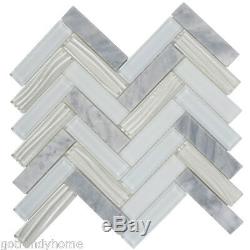 White Carrara Marble Stone Mosaic Tile Glass Herringbone Kitchen Wall Backsplash