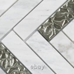 White Carrara Marble Stone Silver Glass Mosaic Tile Herringbone Backsplash