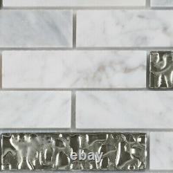 White Carrara Marble Stone Sliver Glass Mosaic Tile Brick Joint Backsplash
