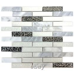 White Carrara Stone Mosaic Tile Metallic Glass Kitchen Brick Joint Backsplash